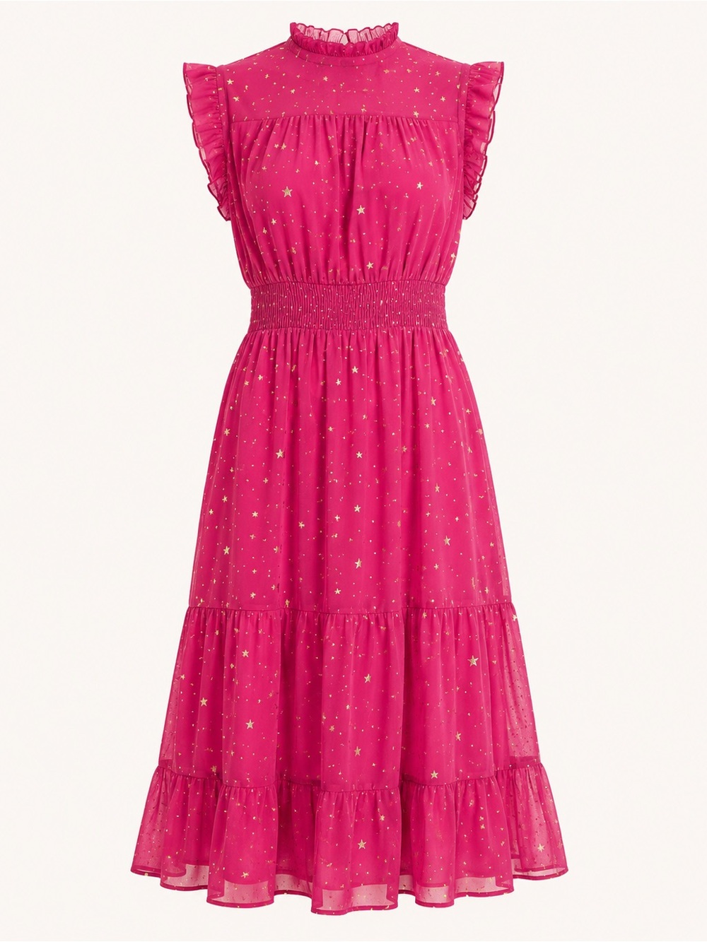 Allegra K Fuchsia Metallic Gold Star Midi Dress Smocked Waist NWT S
